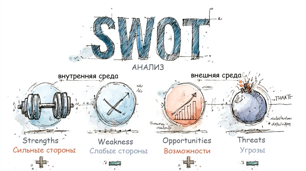 Иллюстрация SWOT-анализа: внутренние и внешние факторы, влияющие на бизнес SWOT-анализ: сильные и слабые стороны бизнеса, возможности и угрозы на рынке