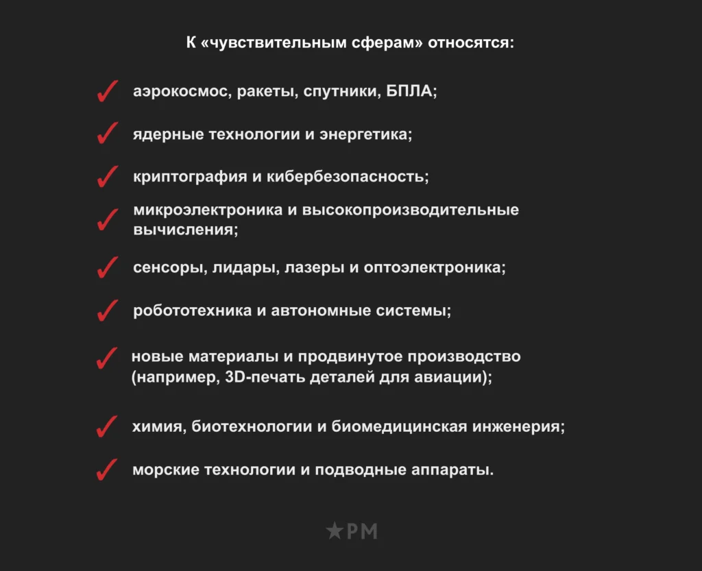 Такие сферы считаются «чувствительными» из-за риска двойного назначения Список чувствительных сфер при бизнес-иммиграции