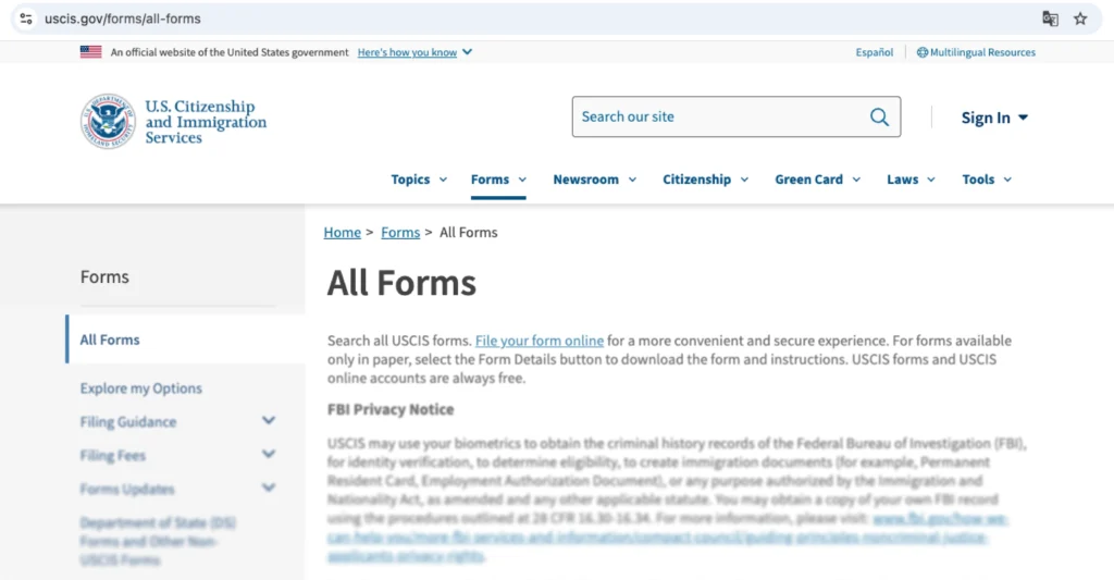 Официальный раздел для скачивания иммиграционных форм Формы USCIS