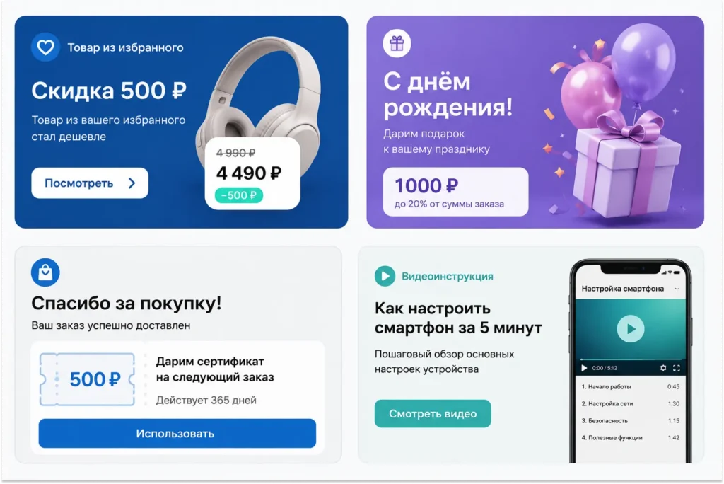 Какие сообщения помогают поддерживать контакт после покупки Постпродажные касания для клиентов: скидка на избранное, подарок на день рождения, благодарность и полезный контент