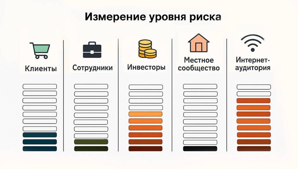 Оценка репутационных рисков: визуальная шкала для анализа Визуализация оценки репутационных рисков: шкала от 0 до 10 для сегментов аудитории