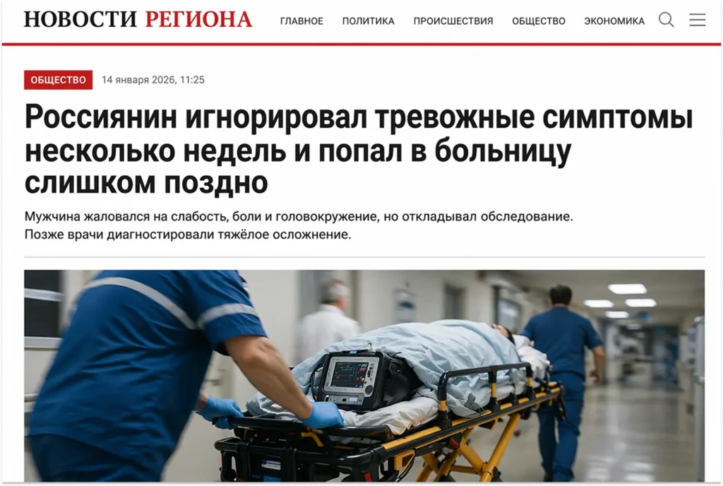 Скрин новости о последствиях позднего обращения за медицинской помощью