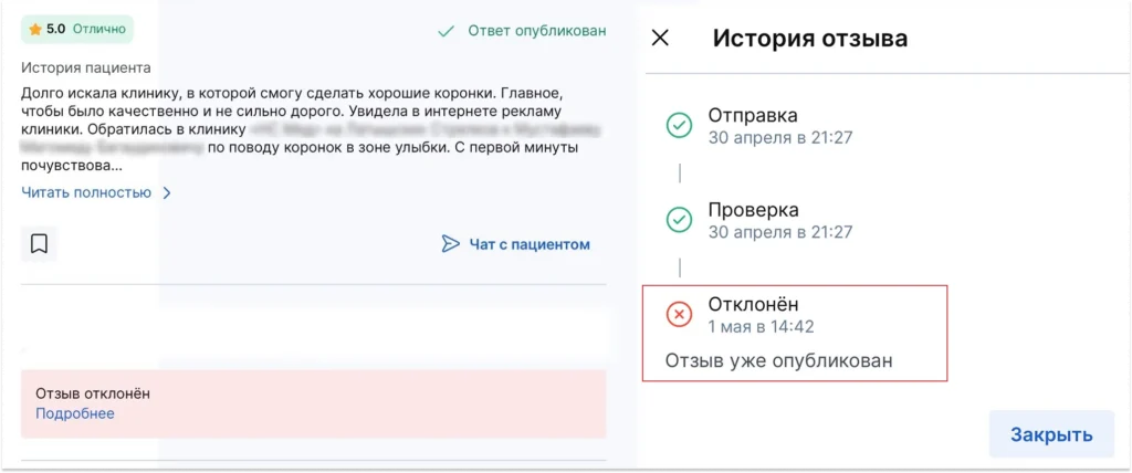 Отклонение отзыва на ПроДокторов из-за дублирования уже опубликованного текста