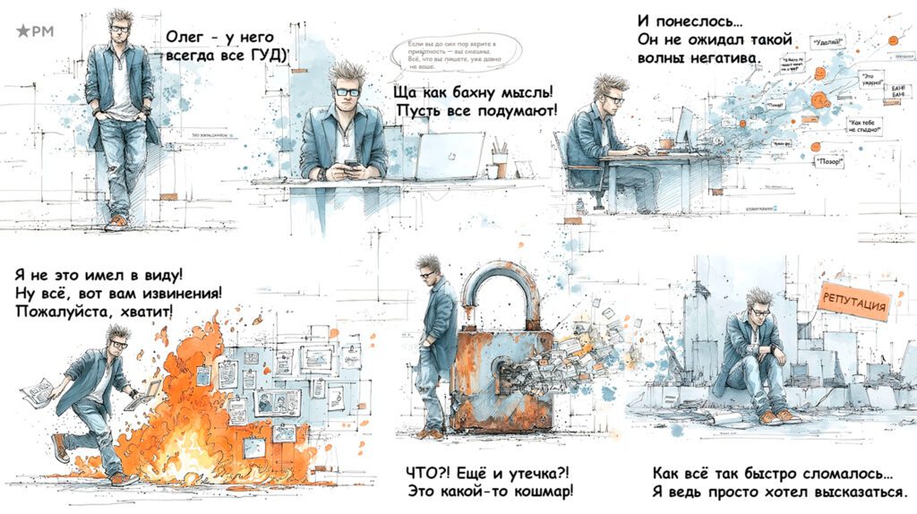 В комиксе история одного поста. Репутационные риски — не абстрактное понятие, а реальная угроза Репутационные риски: от «все гуд» до скандала в один клик