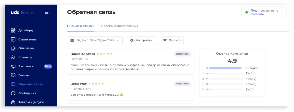 UDS Business: раздел «Обратная связь» с отзывами и средней оценкой компании
