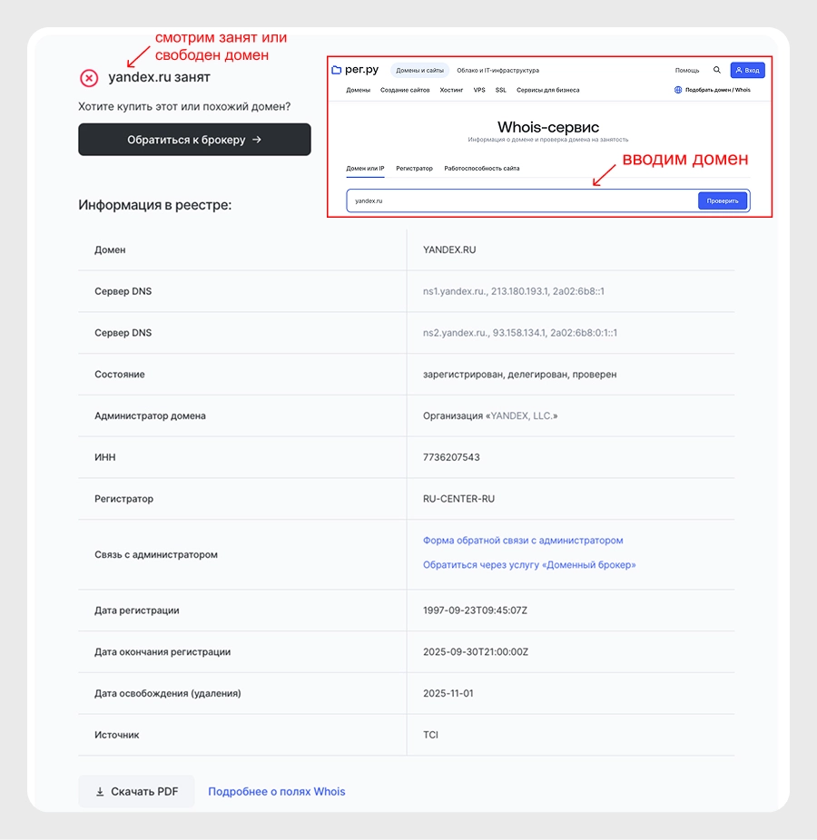 Пример OSINT: скриншот Whois-сервиса, показывающий информацию о владельце, дате регистрации и окончания регистрации домена yandex.ru Whois-сервис: проверка домена в рамках OSINT для получения информации о владельце и регистрации