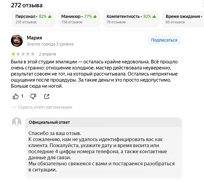 Конкуренты могут оставлять фейковые отзывы, чтобы занизить рейтинг и отпугнуть потенциальных клиентов Подозрительный отзыв на работу студии эпиляции
