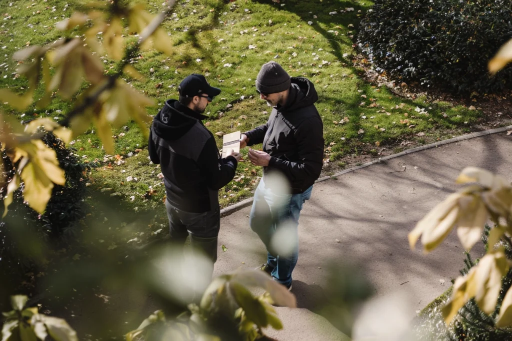 Скрытая камера фиксирует передачу посылки, которую используют для давления на жертву Скрытая съемка: двое мужчин в парке передают посылку — схема шантажа через фиктивные поручения